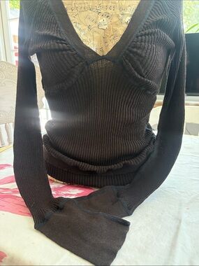 Free People Black Ribbed Deep V-Neck Slim Knit Sweater